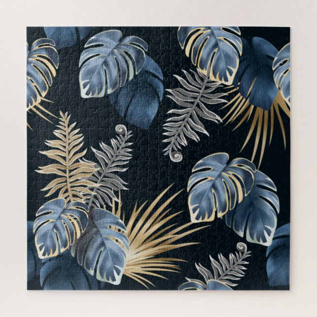 Blue Gold Tropical Palm Leaves Pattern Art Jigsaw Puzzle (Vertical)
