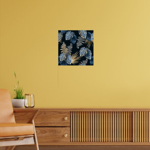 Blue Gold Tropical Palm Leaves Pattern Art Poster