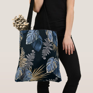 Blue Gold Tropical Palm Leaves Pattern Art Tote Bag