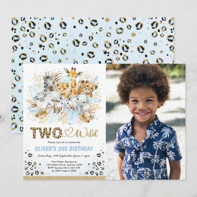 Blue Gold Tropical Safari Two Wild Photo Birthday Invitation (Front/Back)