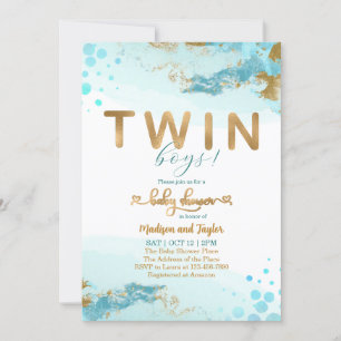 Blue Gold Twin Boy Baby Shower Invitation