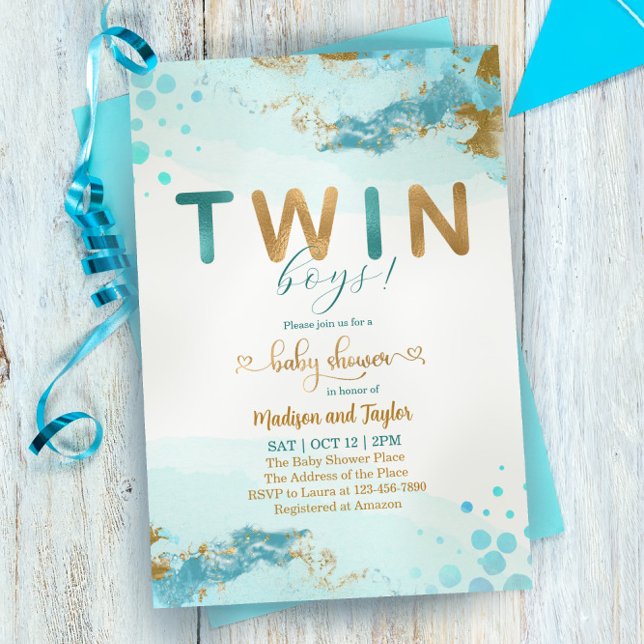 Blue Gold Twin Boy Baby Shower Invitation (Creator Uploaded)
