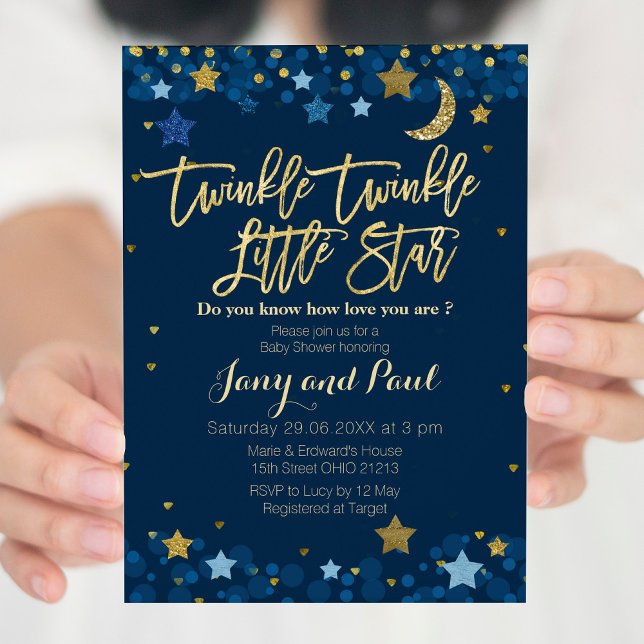 Blue Gold Twinkle Twinkle Little Star Baby Shower Invitation (Creator Uploaded)