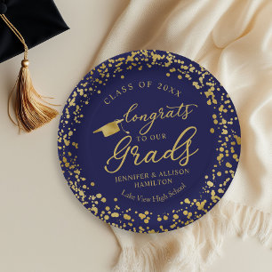 Blue Gold Twins Double Graduation Paper Plate