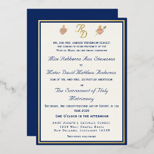 Blue & Gold Two Hearts Catholic Wedding Invitation