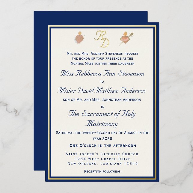 Blue & Gold Two Hearts Catholic Wedding Invitation (Front/Back)