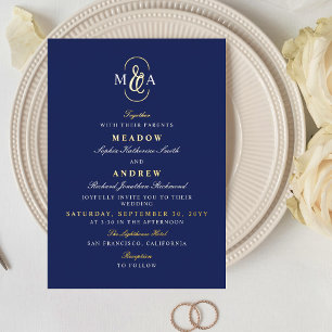 Blue Gold Typography Ampersand Monogram Wedding