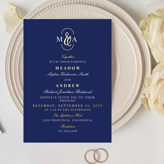 Blue Gold Typography Ampersand Monogram Wedding (Creator Uploaded)