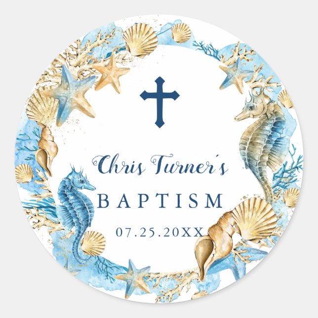Blue & Gold Under the Sea Baptism Classic Round Sticker (Front)