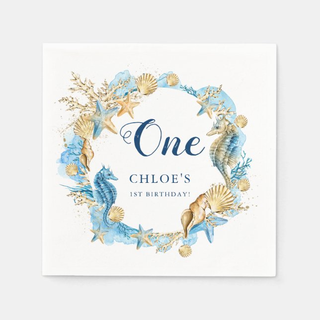 Blue & Gold Under the Sea Birthday Napkin (Front)