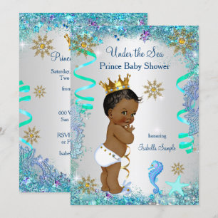 Blue Gold Under The Sea Prince Baby Shower Ethnic Invitation