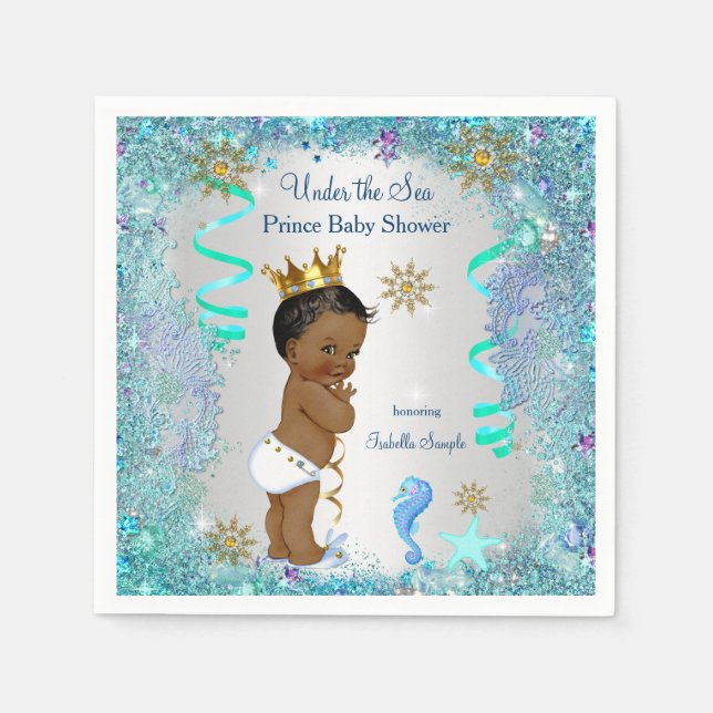 Blue Gold Under The Sea Prince Baby Shower Ethnic Napkin (Front)