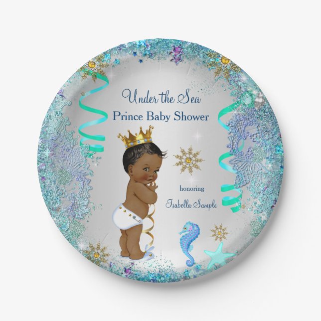 Blue Gold Under The Sea Prince Baby Shower Ethnic Paper Plate (Front)