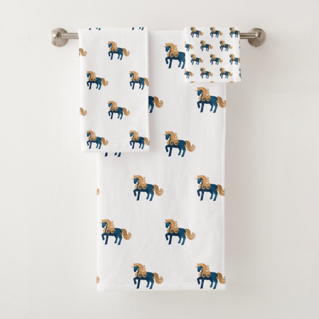BLUE GOLD UNICORN WHITE BATHROOM TOWEL SET (Insitu)
