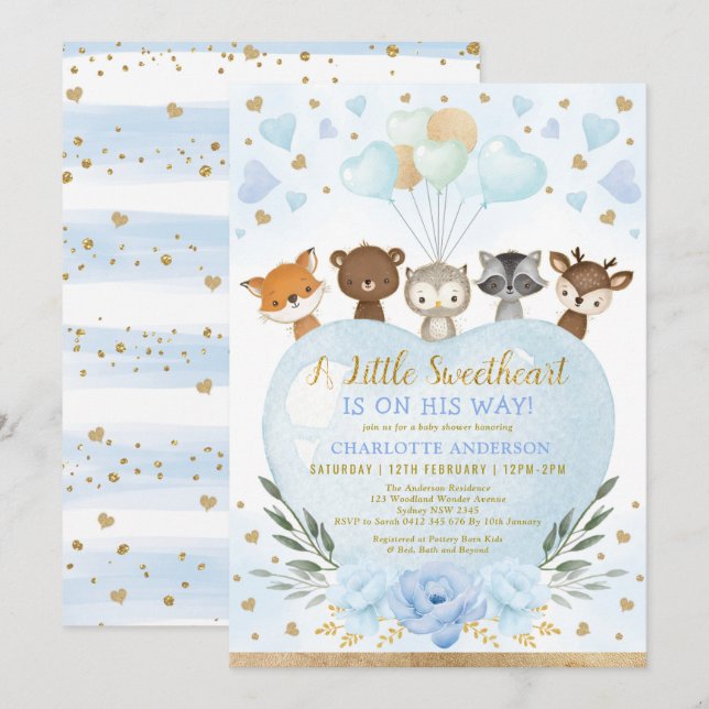 Blue Gold Valentines Sweetheart Baby Boy Shower Invitation (Front/Back)