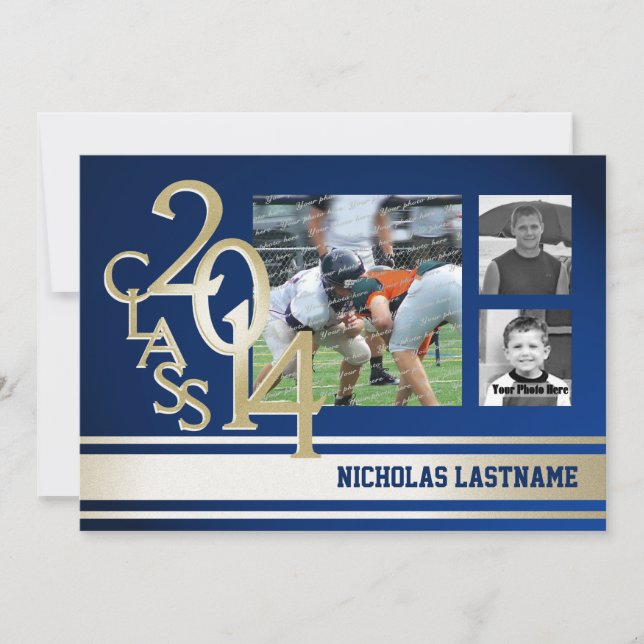 Blue Gold Varsity Stripe Graduate Tri Photo 2014 Invitation (Front)