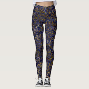 Blue/Gold Velvet Damask Women's Leggings