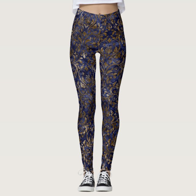 Blue/Gold Velvet Damask Women's Leggings (Front)
