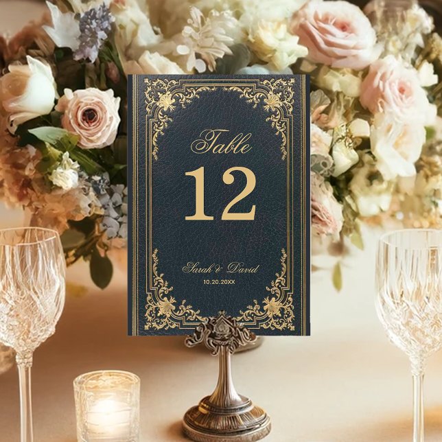 Blue Gold Vintage Elegant Script Wedding Table Number (Creator Uploaded)