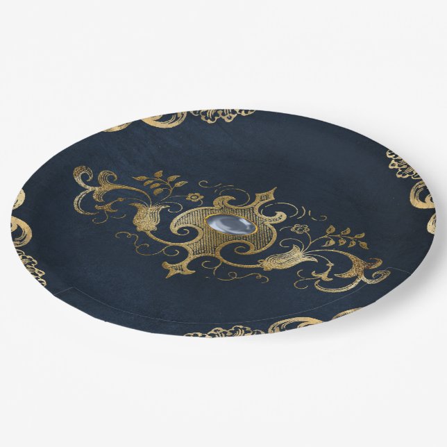Blue gold Vintage Ornate Gold Paper Plate (Angled)