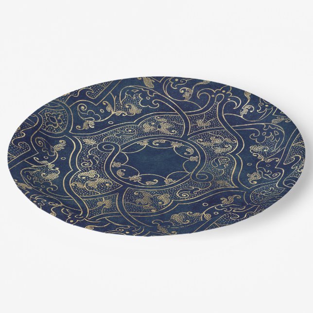 Blue gold Vintage Ornate Gold Paper Plate (Angled)