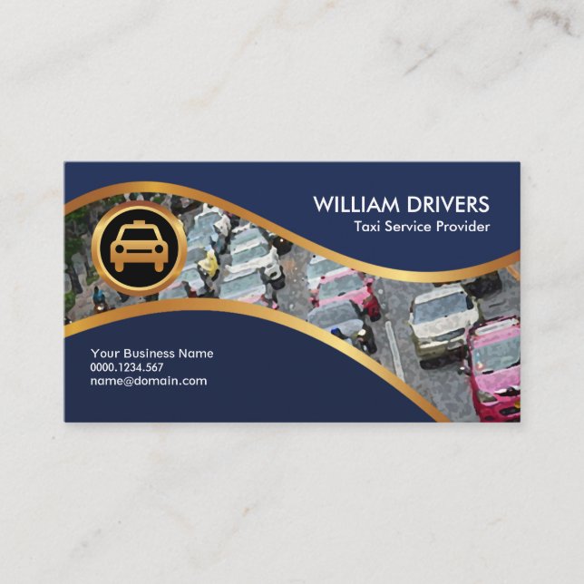 Blue Gold Water Waves Faux Gold Icon Taxi Service Business Card (Front)