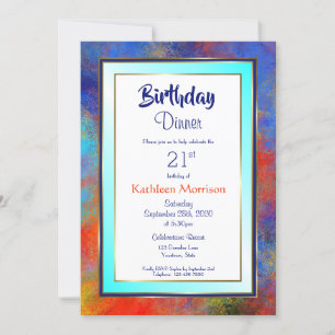 Blue Gold Watercolor 21st Birthday Dinner Invite
