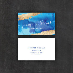 Blue + Gold Watercolor Abstract Modern Calligraphy Business Card