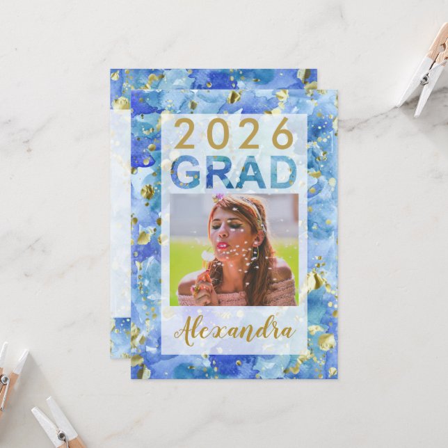 Blue Gold Watercolor Art 2025 Photo Graduation Invitation (Front/Back In Situ)