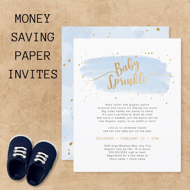 Blue Gold Watercolor Baby Sprinkle PAPER invite (Creator Uploaded)
