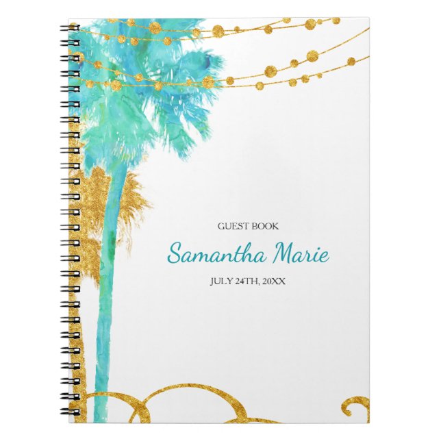 Blue Gold Watercolor Beach Bat Mitzvah Guest Book (Front)