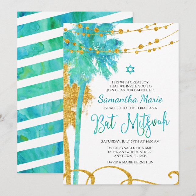Blue Gold Watercolor Beach Bat Mitzvah Invitations (Front/Back)