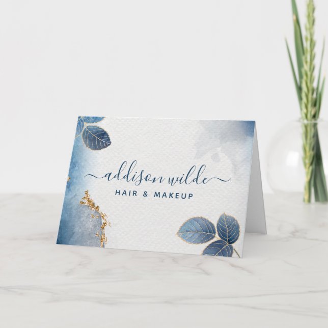 Blue Gold Watercolor Botanical Business Thank You Card (Front)