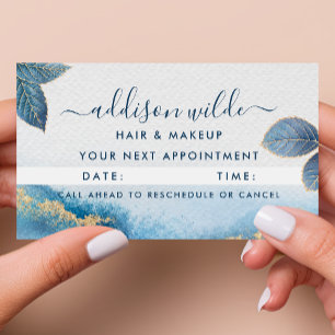 Blue Gold Watercolor Botanical Leaves Abstract Appointment Card
