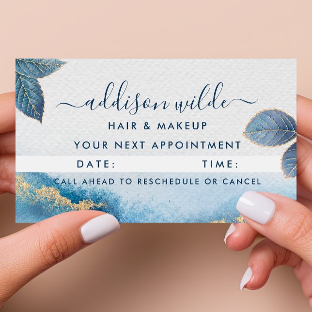 Blue Gold Watercolor Botanical Leaves Abstract Appointment Card (Creator Uploaded)
