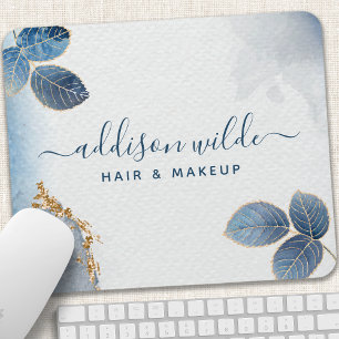 Blue Gold Watercolor Botanical Leaves Abstract Mouse Mat