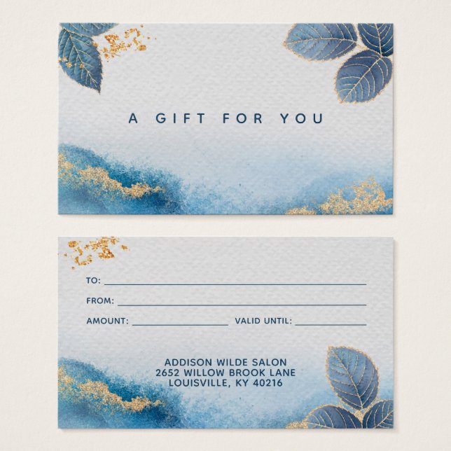Blue Gold Watercolor Botanical Leaves Gift Card (Front & Back)