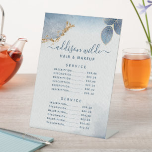 Blue Gold Watercolor Botanical Service Price Menu Pedestal Sign