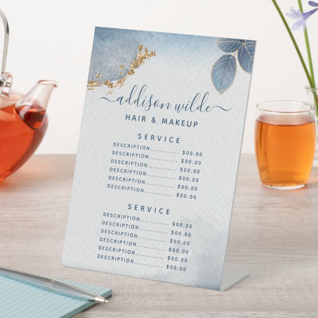 Blue Gold Watercolor Botanical Service Price Menu Pedestal Sign (In SItu)