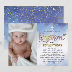 Blue & Gold Watercolor Boy Baptism & 1st Birthday Invitation