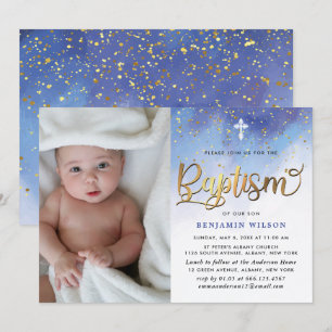 Blue & Gold Watercolor Boy Baptism Invitation
