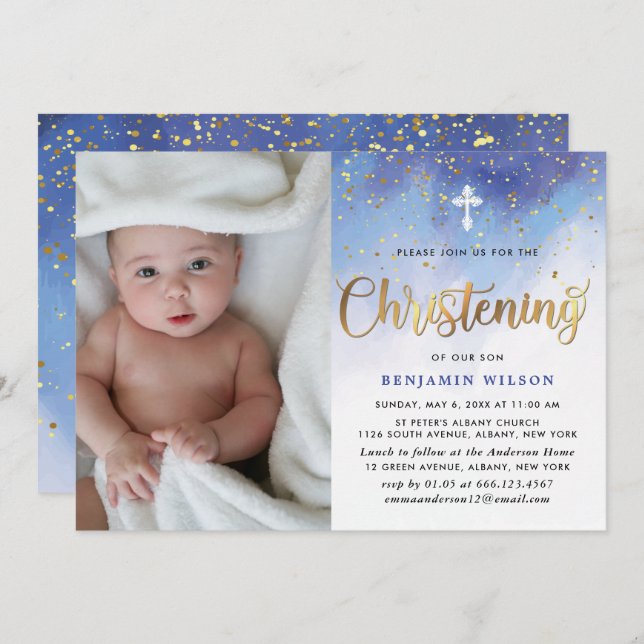 Blue & Gold Watercolor Boy Christening Invitation (Front/Back)