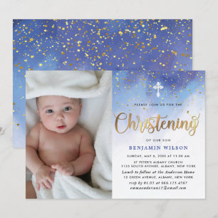 Blue & Gold Watercolor Boy Christening Invitation
