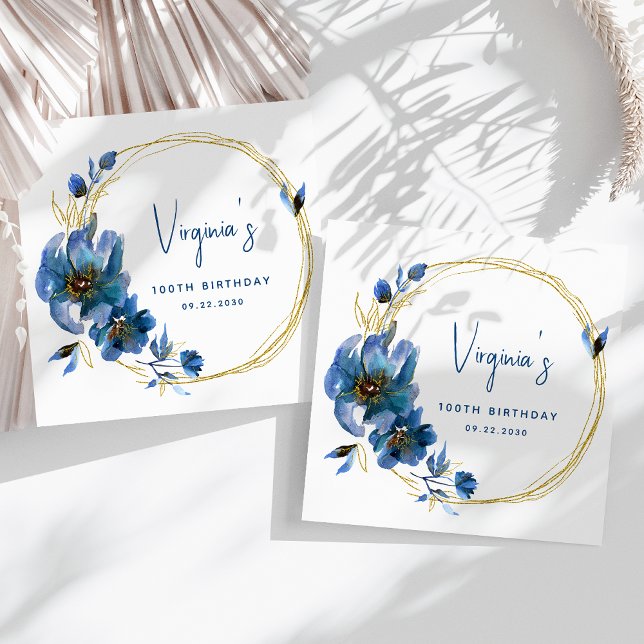 Blue Gold Watercolor Floral 100th Birthday Napkin (Creator Uploaded)