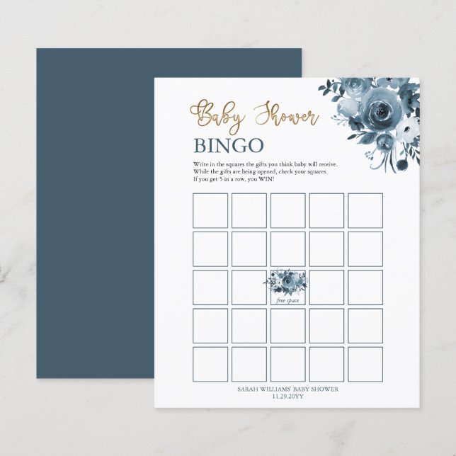 Blue Gold Watercolor Floral Baby Shower Bingo Card (Front/Back)