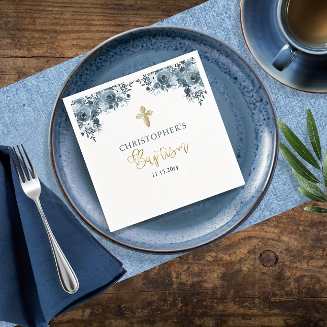 Blue Gold Watercolor Floral Boy Baptism  Napkin (Elegant Blue and Faux Gold Watercolor Floral Boy Baptism Napkins)