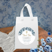 Blue Gold Watercolor Floral Boy Baptism Thank You