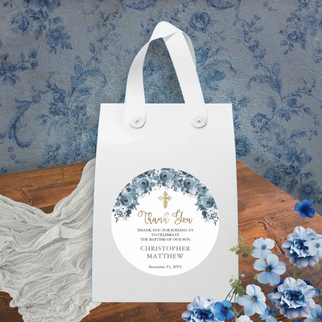 Blue Gold Watercolor Floral Boy Baptism Thank You Classic Round Sticker (Elegant Dusky Blue and Gold-Toned Watercolor Floral Boy Baptism Thank You Classic Round Sticker)