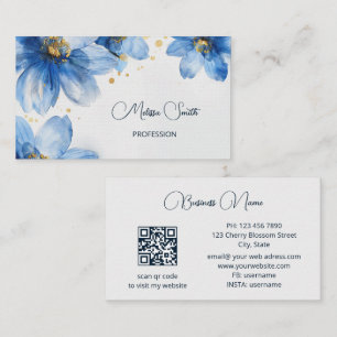Blue Gold Watercolor Flowers Business Card