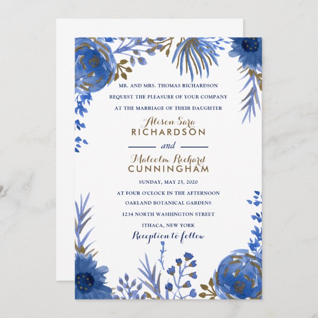 Blue Gold Watercolor flowers Wedding Invitation (Front/Back)